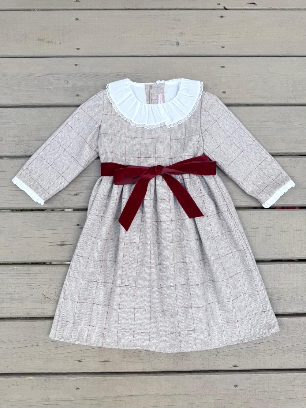 La Coqueta grey and burgundy check dress